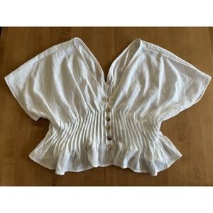 Commense Women White Blue Stripes Sleeve Blouse Size XL Button Off Shoulder